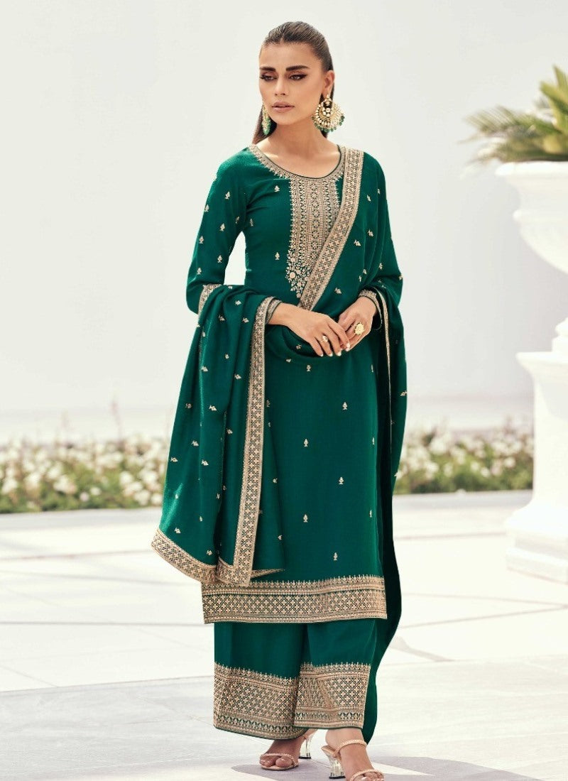 Green Silk Embroidered Palazzo Suit