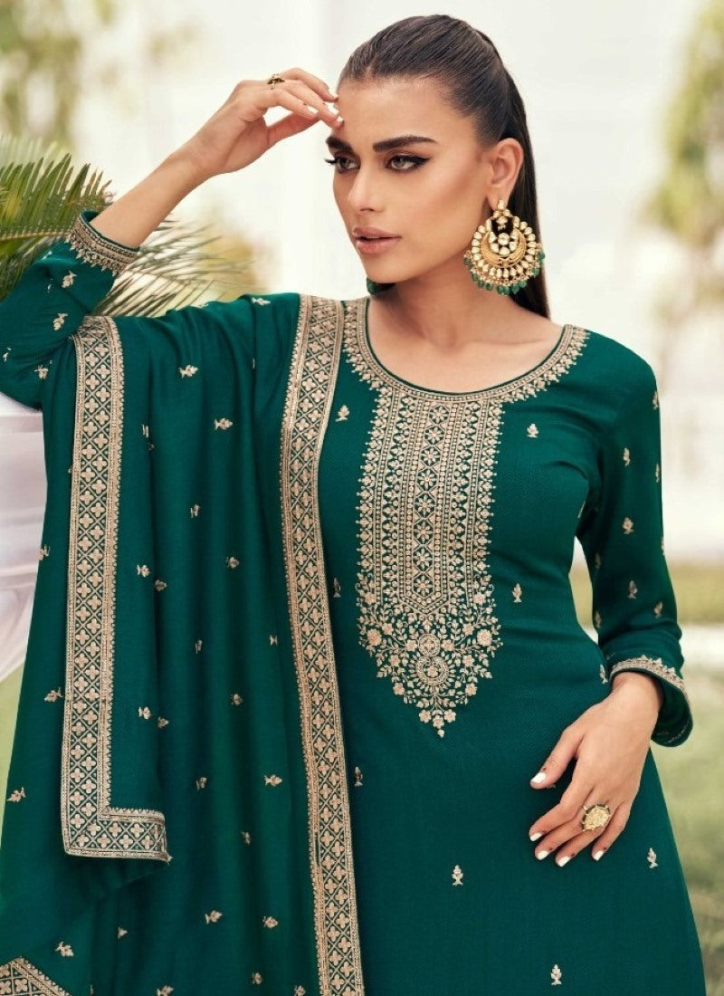 Green Silk Embroidered Palazzo Suit-2