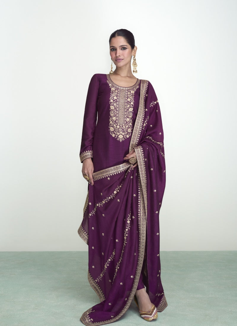 Purple Silk Straight Cut Palazzo Suit