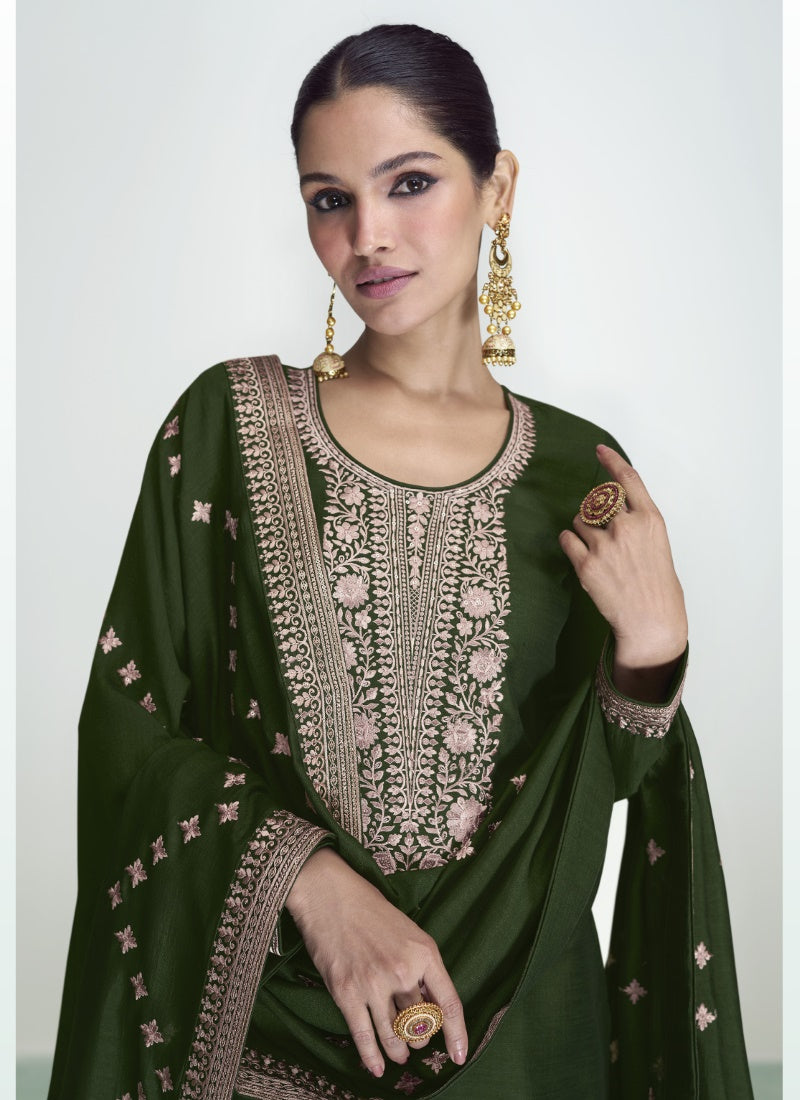 Green Silk Straight Cut Palazzo Suit-2