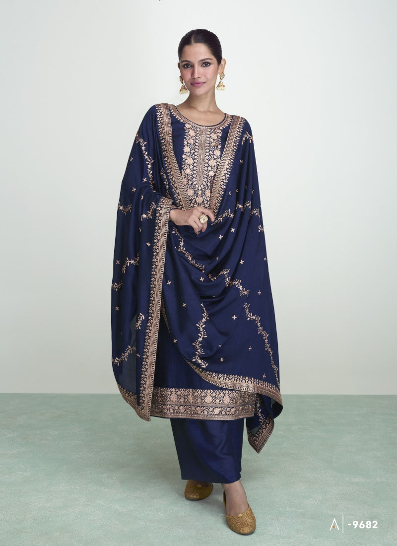 Blue Silk Straight Cut Palazzo Suit