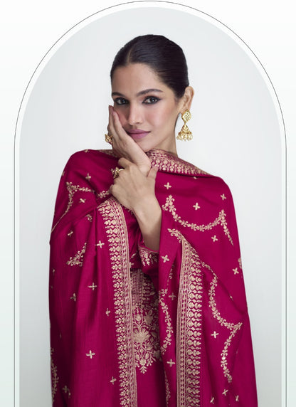 Magenta Silk Straight Cut Palazzo Suit-2