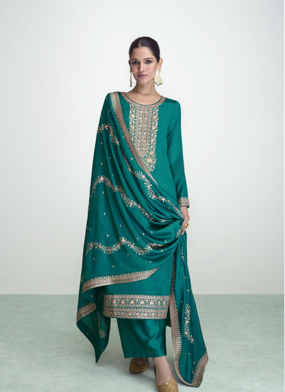 Teal Blue Silk Straight Cut Palazzo Suit