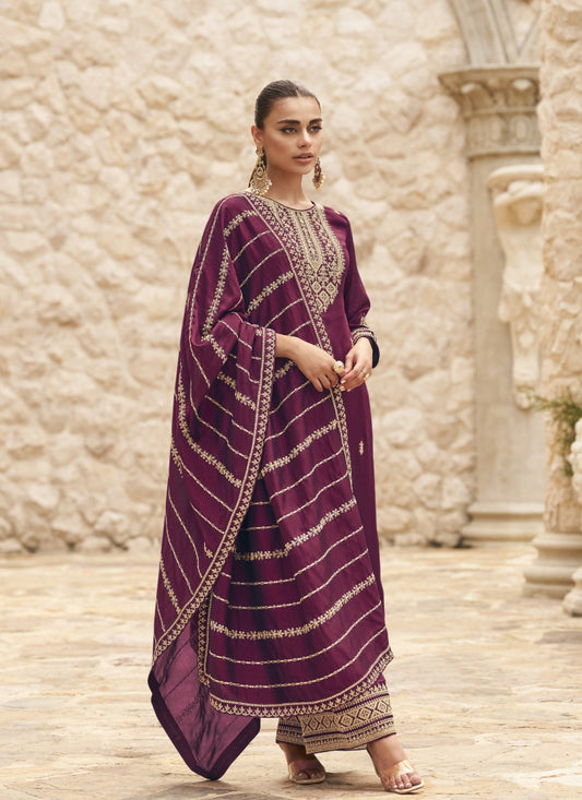 Maroon Silk Palazzo Salwar Suit