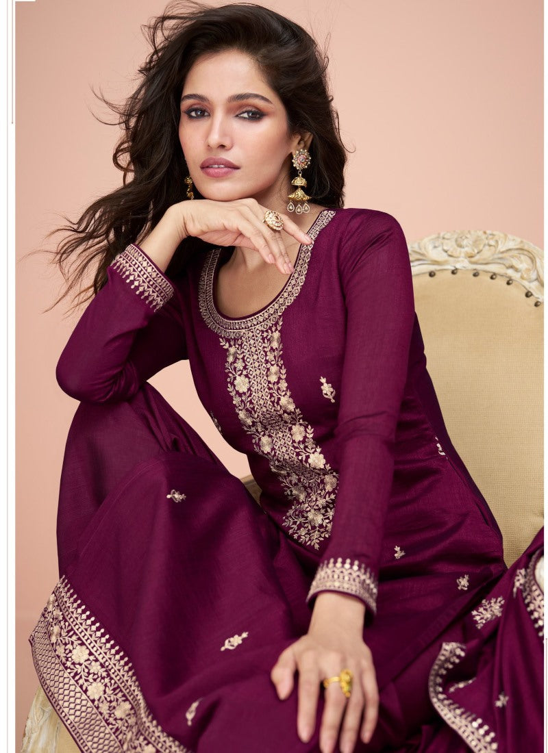 Maroon Silk Long Palazzo Suit-2