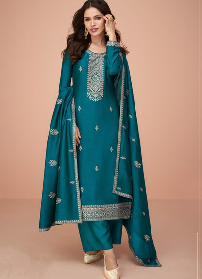 Teal Blue Silk Long Palazzo Suit