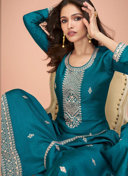 Teal Blue Silk Long Palazzo Suit-2