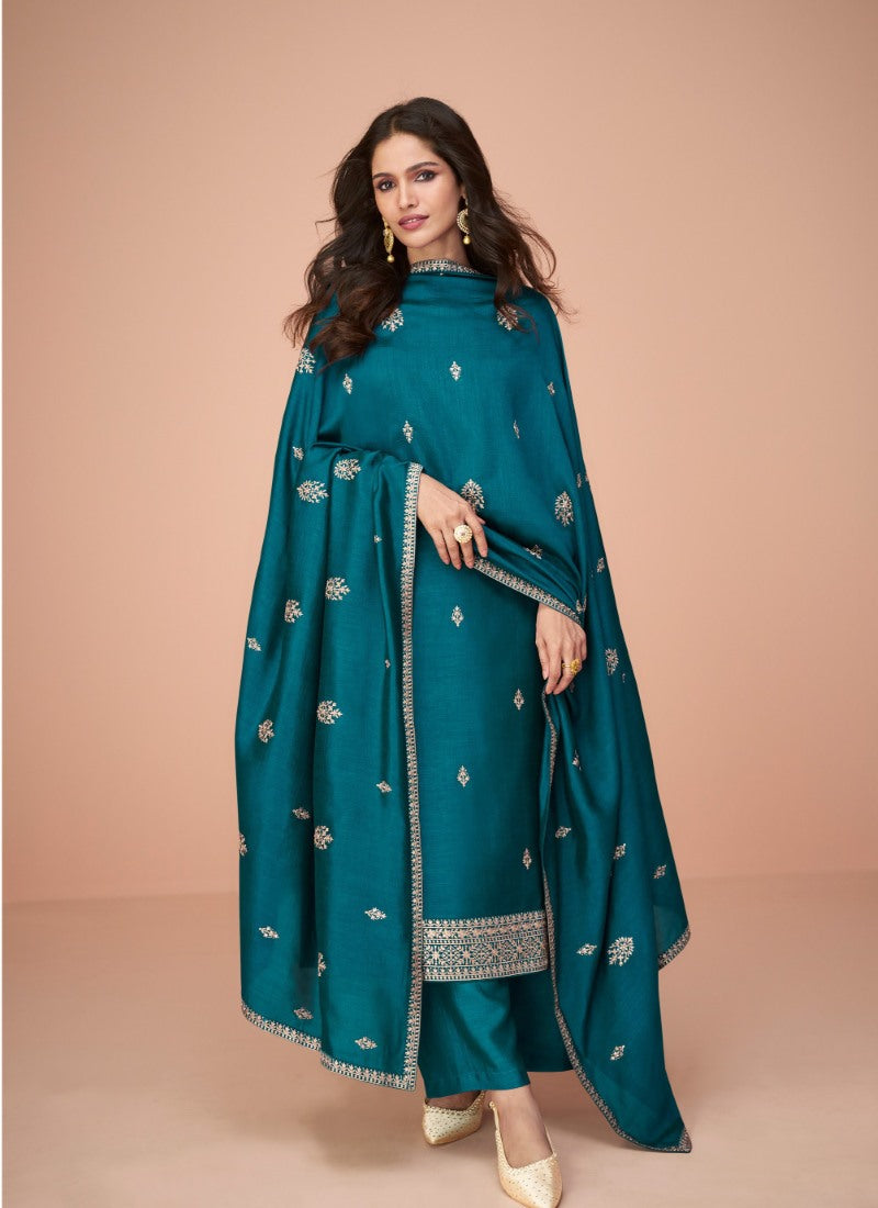 Teal Blue Silk Long Palazzo Suit-2