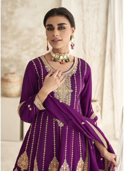 Purple Silk Pant Style Salwar Suit