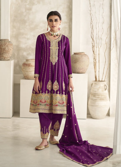 Purple Silk Pant Style Salwar Suit