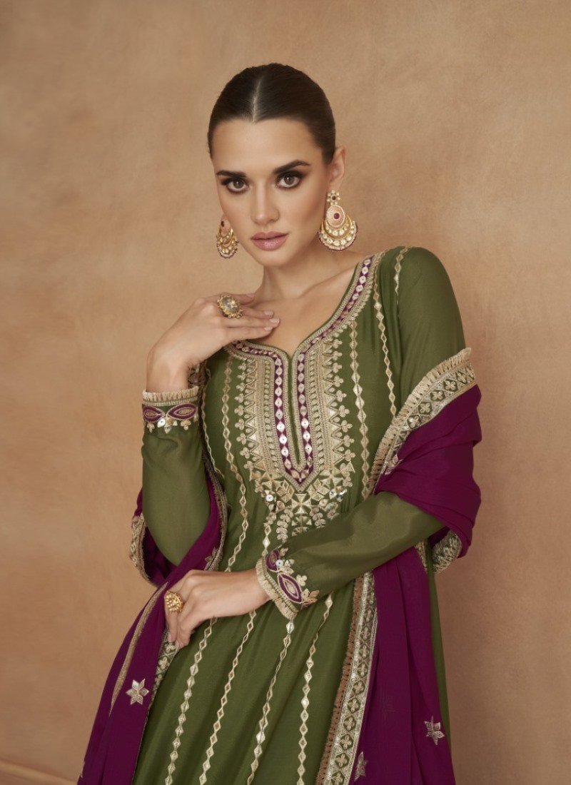 Olive Green Pant Style Salwar Suit With Embroidery Work