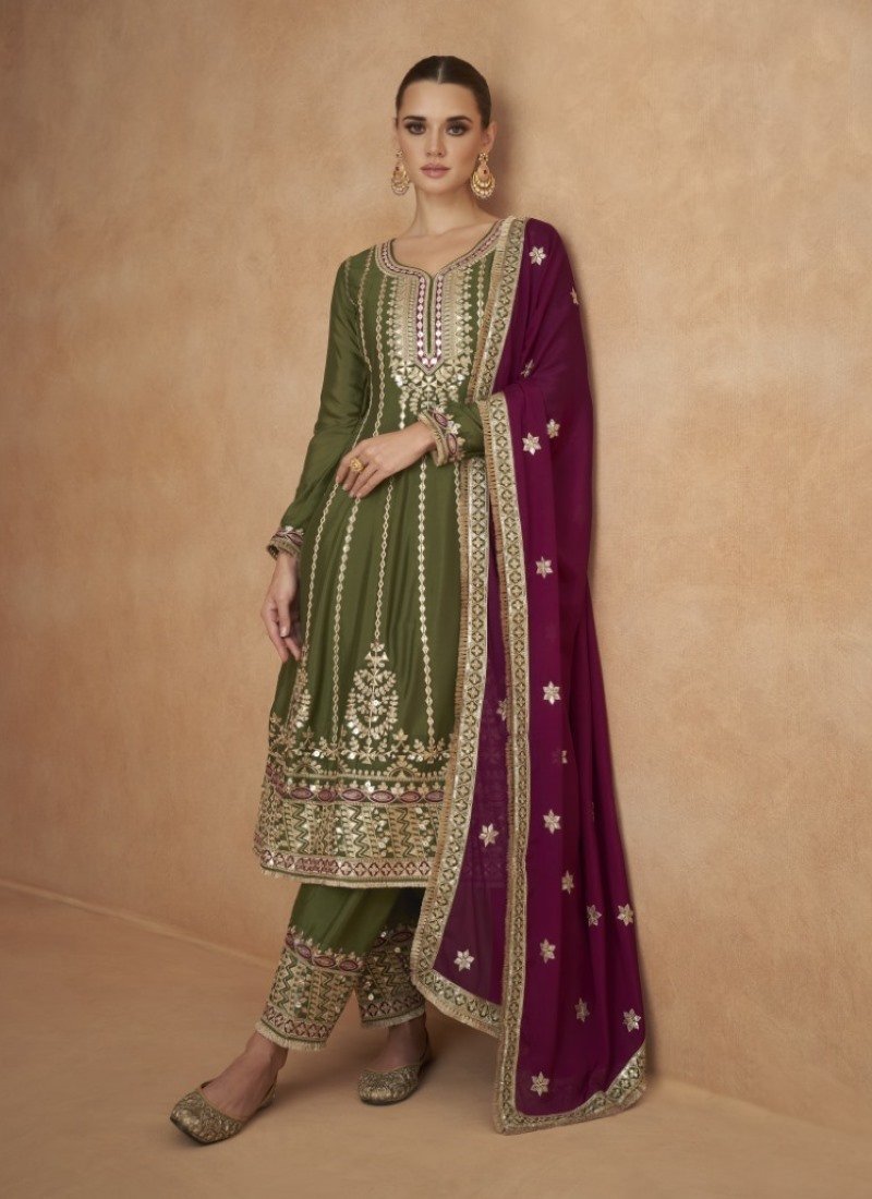 Olive Green Pant Style Salwar Suit With Embroidery Work