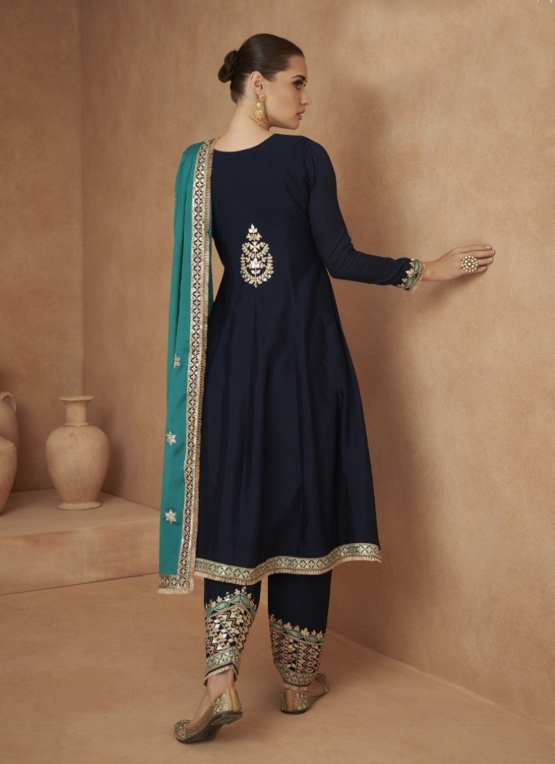 Blue Pant Style Salwar Suit With Embroidery Work