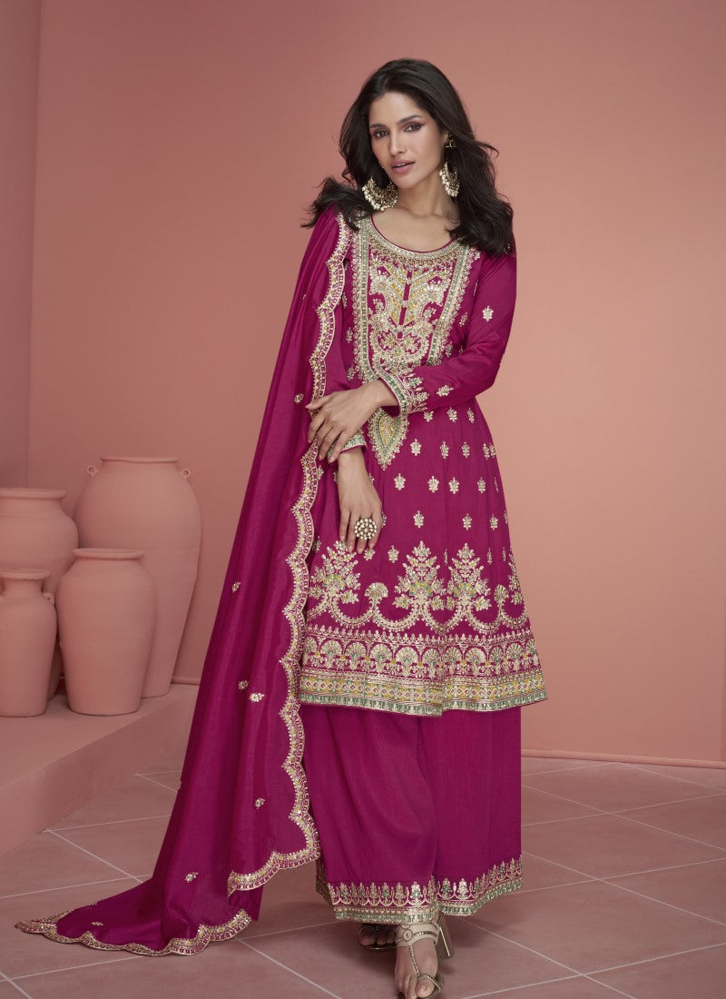 Magenta Silk Palazzo Suit With Embroidery and Sequins Work