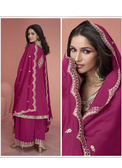 Magenta Silk Palazzo Suit With Embroidery and Sequins Work