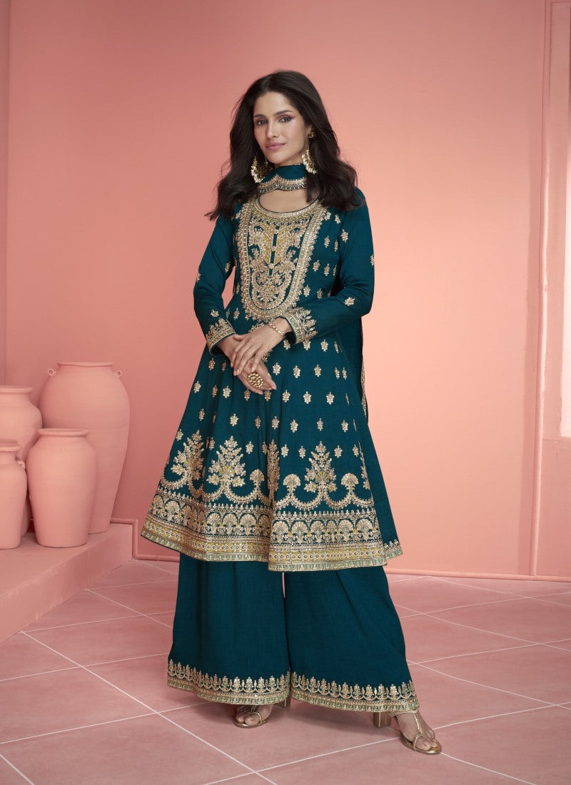 Teal Blue Silk Palazzo Suit With Embroidery and Sequins Work