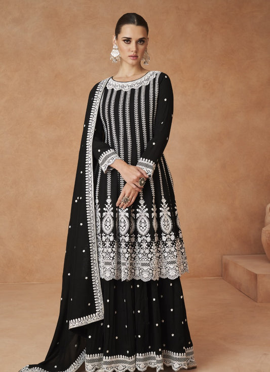 Black Silk Palazzo Suit With Embroidery Work