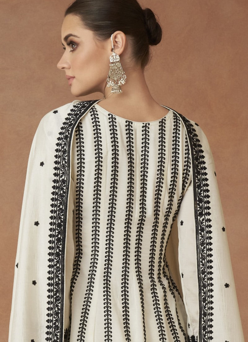 White Silk Palazzo Suit With Embroidery Work