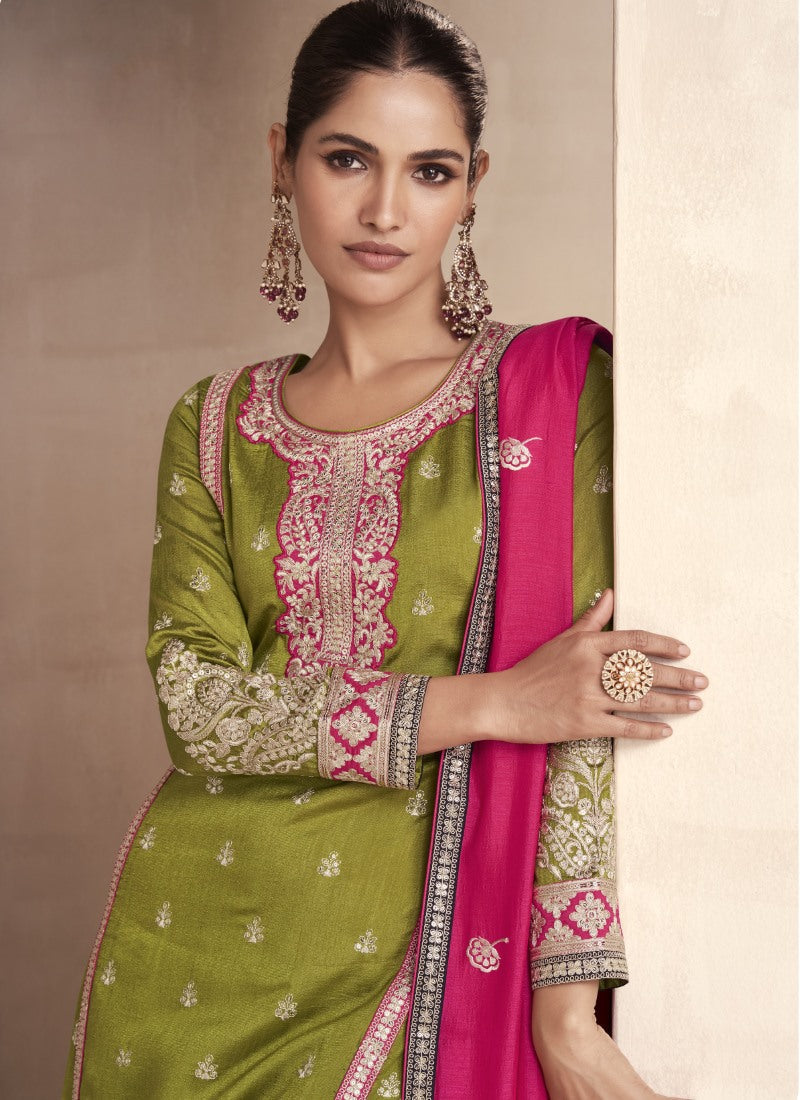 Olive Green Wide Palazzo Straight Cut Salwar Suit