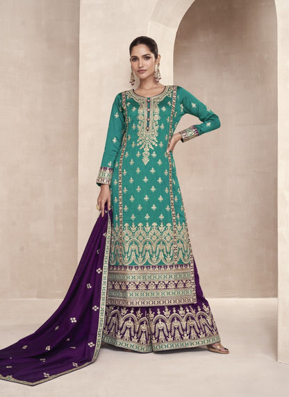 Sea Green Wide Palazzo Straight Cut Salwar Suit