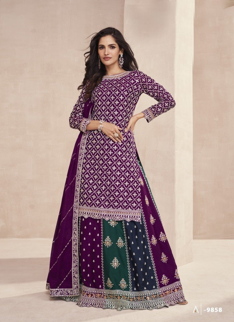 Purple Silk Indo Western Lehenga Choli With Embroidered Work-2
