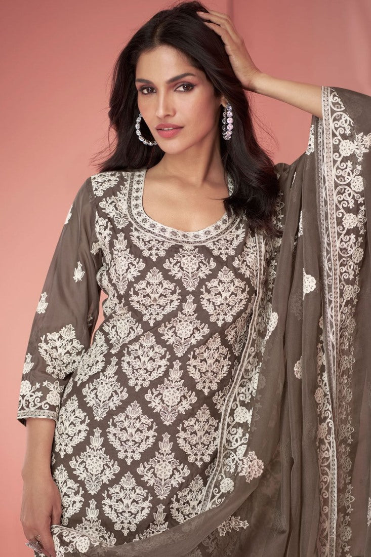 Brown Silk Long Straight Cut Palazzo Suit