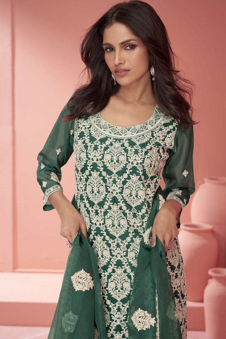 Green Silk Long Straight Cut Palazzo Suit