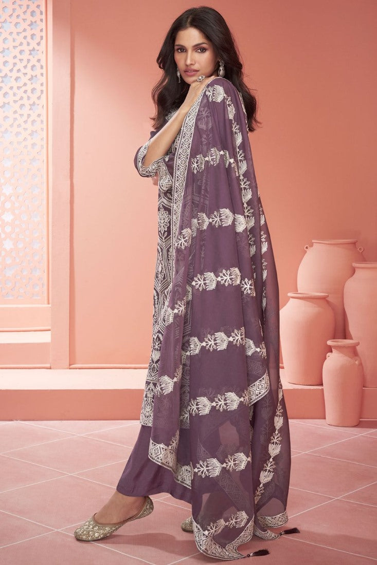 Purple Silk Long Straight Cut Palazzo Suit