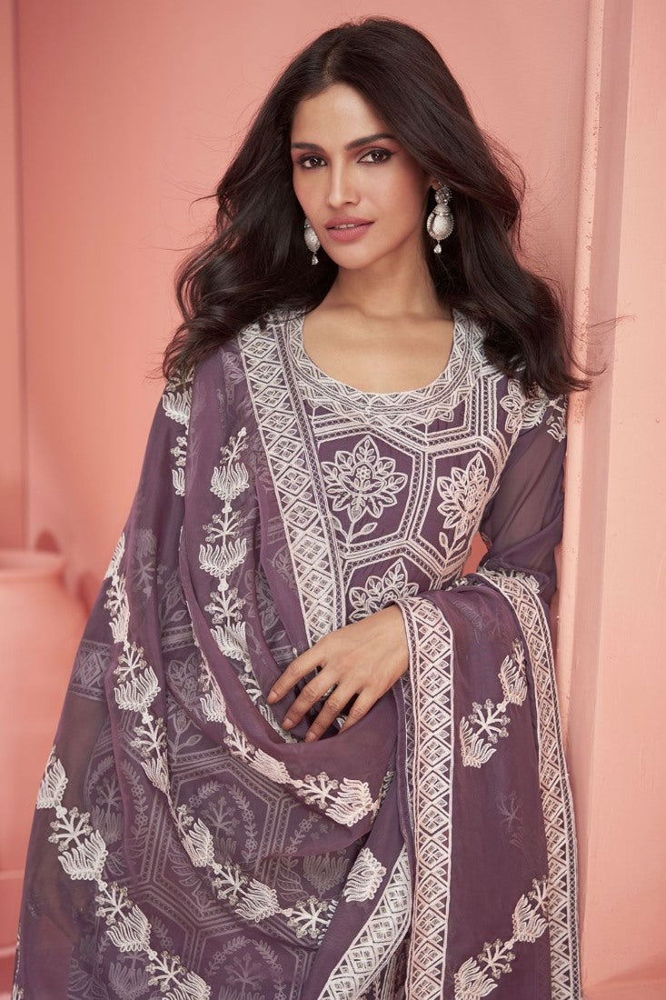 Purple Silk Long Straight Cut Palazzo Suit