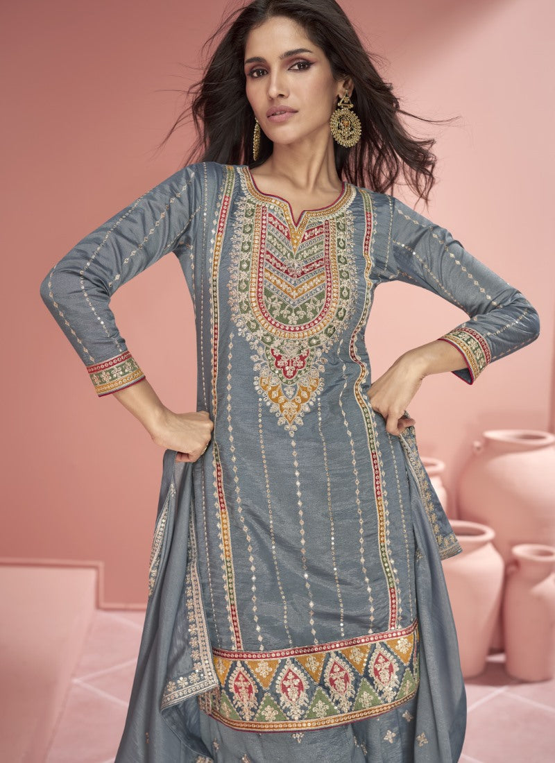 Gray Organza Wide Palazzo Salwar Suit With Embroidery Work