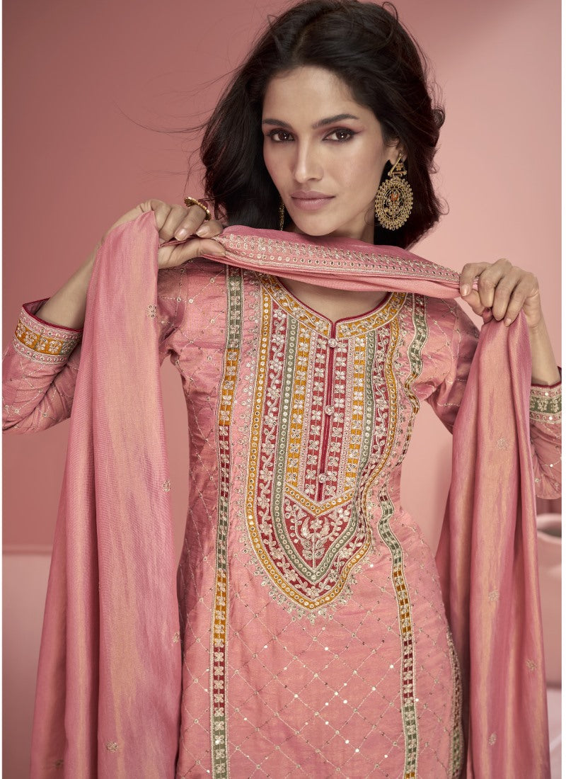 Peach Organza Wide Palazzo Salwar Suit With Embroidery Work