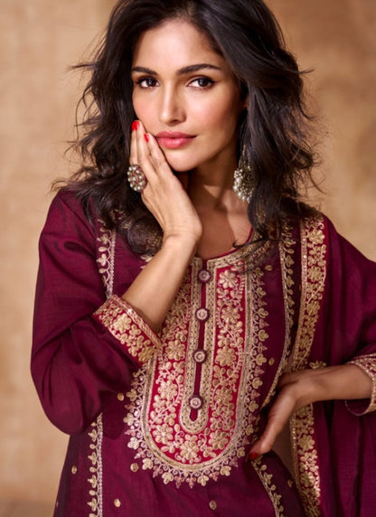 Maroon Silk Wide Palazzo Salwar Suit With Embroidery Work