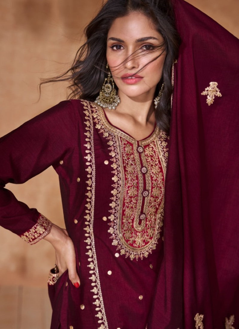 Maroon Silk Wide Palazzo Salwar Suit With Embroidery Work