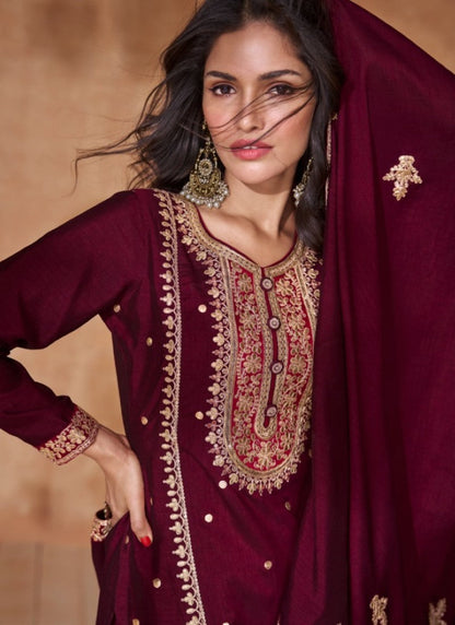 Maroon Silk Wide Palazzo Salwar Suit With Embroidery Work