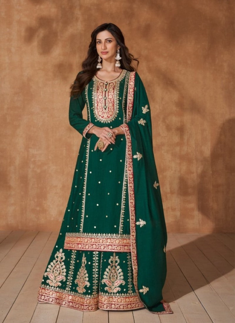 Green Silk Wide Palazzo Salwar Suit With Embroidery Work