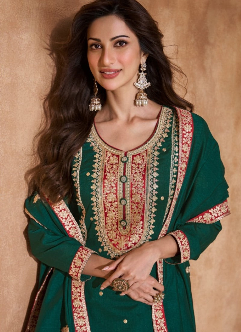 Green Silk Wide Palazzo Salwar Suit With Embroidery Work