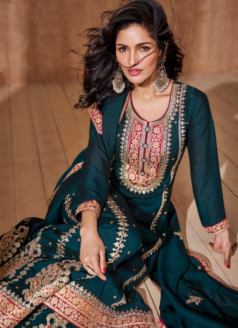 Teal Blue Silk Wide Palazzo Salwar Suit With Embroidery Work