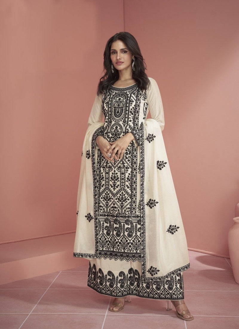 White Silk Long Salwar Palazzo Suit