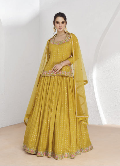 Yellow Georgette Indo Western Long Choli Lehenga