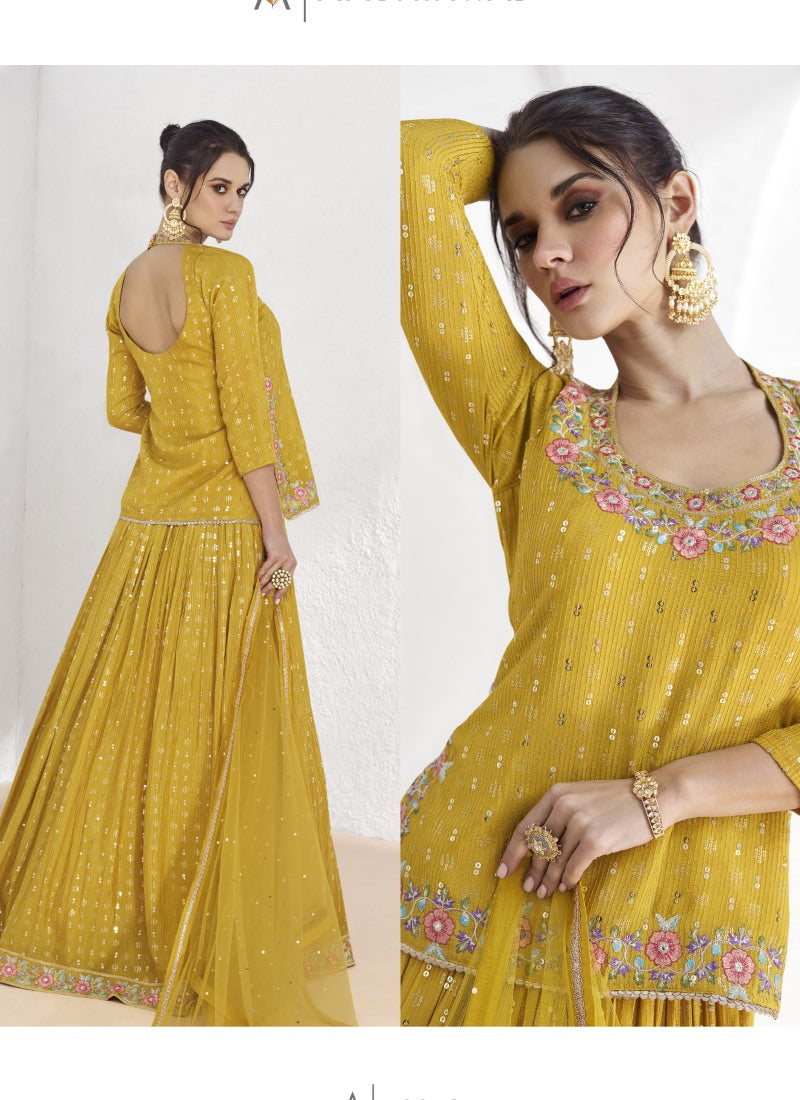 Yellow Georgette Indo Western Long Choli Lehenga