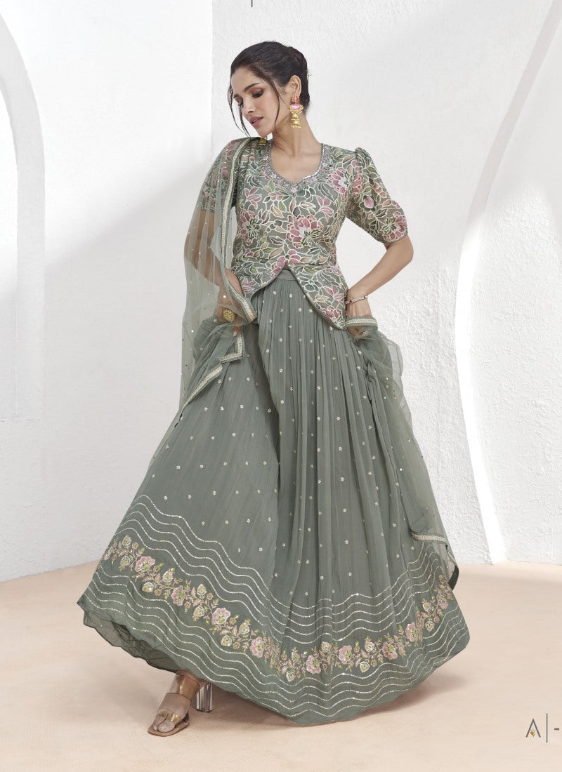 Gray Georgette Indo Western Long Choli Lehenga