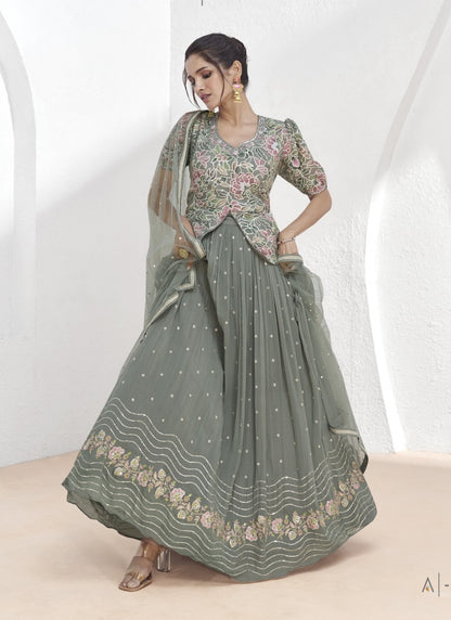 Gray Georgette Indo Western Long Choli Lehenga