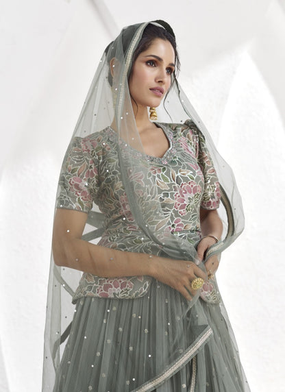 Gray Georgette Indo Western Long Choli Lehenga