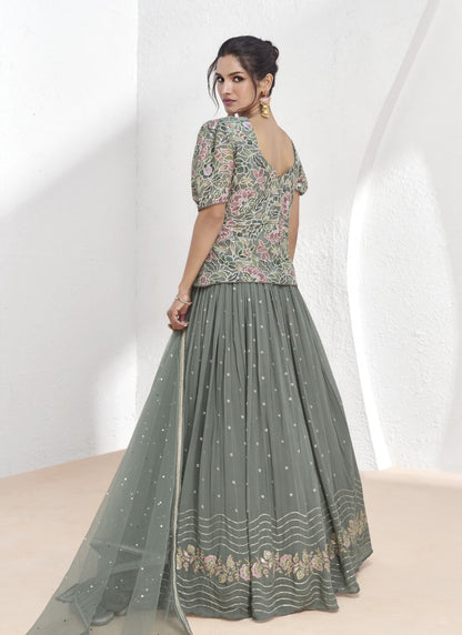 Gray Georgette Indo Western Long Choli Lehenga