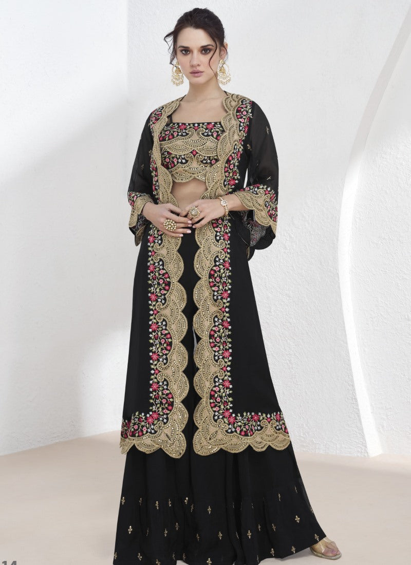 Black Georgette Indo Western Lehenga Choli With Jacket