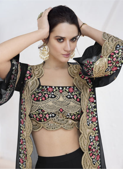 Black Georgette Indo Western Lehenga Choli With Jacket