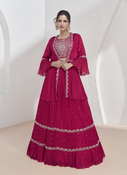 Red Georgette Indo Western Lehenga Choli With Jacket