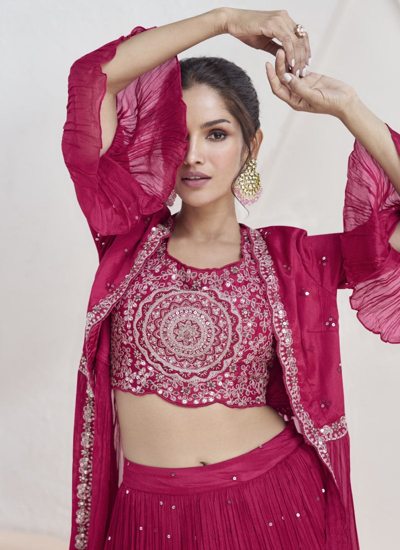 Red Georgette Indo Western Lehenga Choli With Jacket