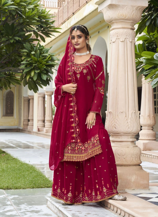 Magenta Georgette Sharara Suit With Embroidery Work