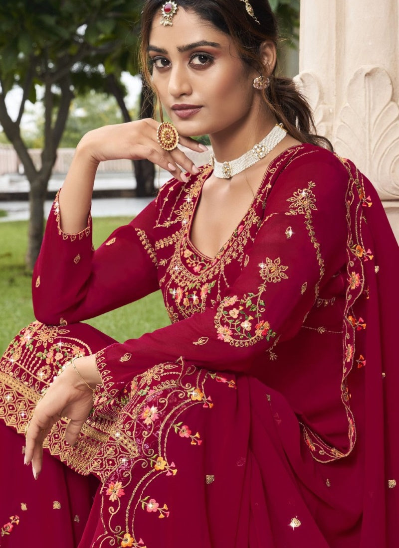 Magenta Georgette Sharara Suit With Embroidery Work-2